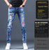Slim Fit Korean Streetwear Graphical Printed Luxury Hip-Hop Stretch Denim Jeans for Men - Perfect Medium Wash Jeans Outfit